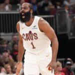 Cleveland Cavaliers guard James Harden (1) reacts after making a three point basket against the Chicago Bulls during the second half at United Center
