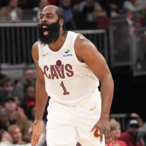 Cleveland Cavaliers guard James Harden (1) reacts after making a three point basket against the Chicago Bulls during the second half at United Center