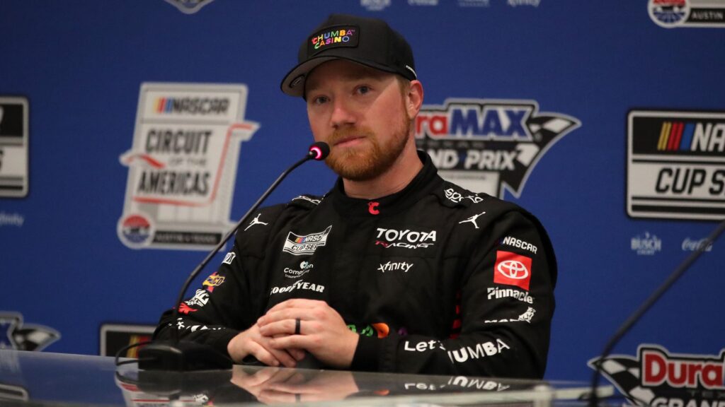 Mar 1, 2026; Austin, Texas, USA; NASCAR Cup Series driver Tyler Reddick (45) addresses the media after winning the NASCAR Cup Series Duramax Texas Grand Prix Powered by RelaDyne at Circuit of the Americas.