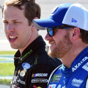 May 6, 2017; Talladega, AL, USA; NASCAR Cup Series driver Brad Keselowski (2) talks with Dale Earnhardt Jr. (88) during qualifying for the GEICO 500 at Talladega Superspeedway