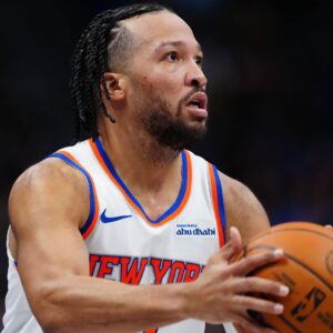 Mar 6, 2026; Denver, Colorado, USA; New York Knicks guard Jalen Brunson (11) lines up to take a shot in the third quarter against the Denver Nuggets at Ball Arena
