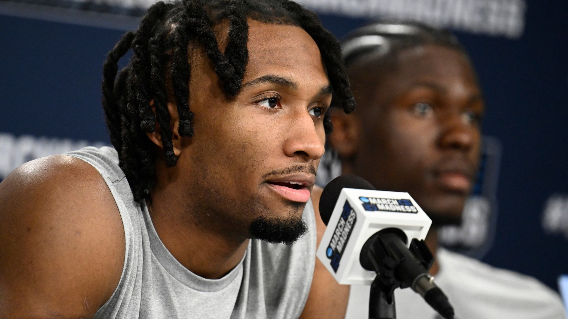 Mar 19, 2026; San Diego, CA, USA; Kansas Jayhawks guard Darryn Peterson (22) speaks at a news conference ahead of the first round of the men's 2026 NCAA Tournament at Viejas Arena.