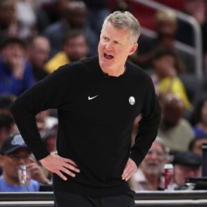 Golden State Warriors head coach Steve Kerr reacts after a play during overtime against the Houston Rockets at Toyota Center.