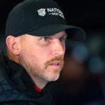 Feb 13, 2026; Daytona Beach, Florida, USA; NASCAR Cup Series driver Denny Hamlin (11) during practice for the Daytona 500 at Daytona International Speedway