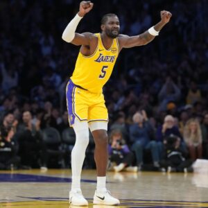 Feb 20, 2026; Los Angeles, California, USA; Los Angeles Lakers center Deandre Ayton (5) reacts against the LA Clippers in the first half at Crypto.com Arena.