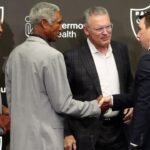 Las Vegas Raiders brass Marcus Allen, Mike Haynes, Howie Long, and now head coach Klint Kubiak