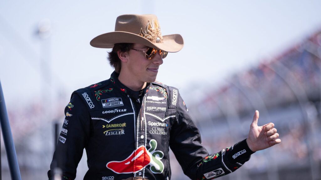 Mar 22, 2026; Darlington, South Carolina, USA; Spire Motorsports Carson Hocevar (77) comes out for the Goodyear 400 at Darlington Raceway.