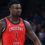Feb 26, 2026; Salt Lake City, Utah, USA; New Orleans Pelicans forward Zion Williamson (1) reacts after a play against the Utah Jazz during the first half at Delta Center