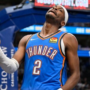 Oklahoma City Thunder guard Shai Gilgeous-Alexander (2) reacts to a foul call during the second half against the Dallas Mavericks at the American Airlines Center.