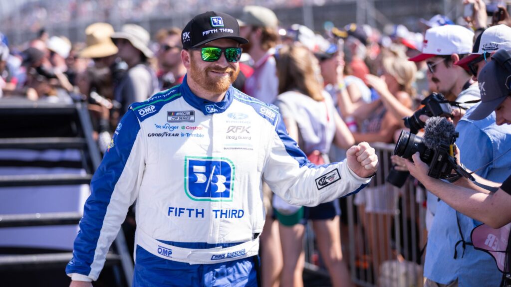 Mar 22, 2026; Darlington, South Carolina, USA; Roush Fenway Keselowski Racing Chris Buescher (17) comes out for the Goodyear 400 at Darlington Raceway.