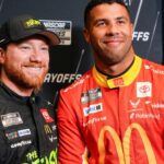 Aug 27, 2025; Charlotte, NC, USA; Tyler Reddick and Bubba Wallace during NASCAR Cup Series Playoff Media Day at Charlotte Convention Center