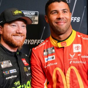 Aug 27, 2025; Charlotte, NC, USA; Tyler Reddick and Bubba Wallace during NASCAR Cup Series Playoff Media Day at Charlotte Convention Center