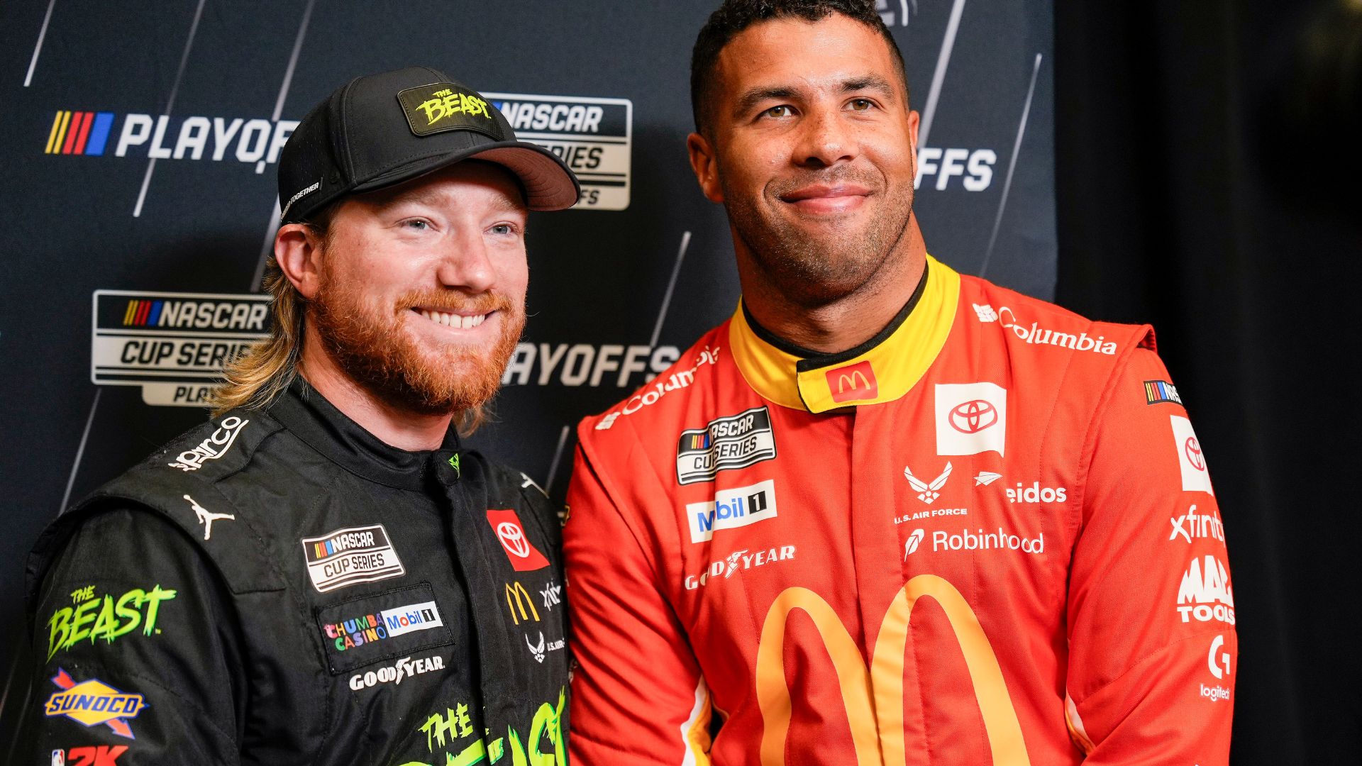 Aug 27, 2025; Charlotte, NC, USA; Tyler Reddick and Bubba Wallace during NASCAR Cup Series Playoff Media Day at Charlotte Convention Center