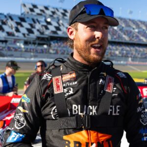 Feb 13, 2026; Daytona Beach, Florida, USA; NASCAR Truck Series driver Garrett Mitchell during qualifying for the Fresh from Florida 250 at Daytona International Speedway