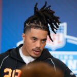 Southern California wideout Makai Lemon (WO29) speaks to members of the media during the NFL Combine at the Indiana Convention Center.