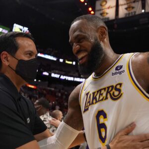 Jan 23, 2022; Miami, Florida, USA; Miami Heat head coach Erik Spoelstra (L) shakes hands with Los Angeles Lakers forward LeBron James (6) after the Miami Heat defeated the Los Angeles Lakers at FTX Arena.