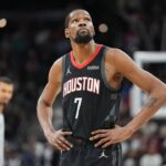 Houston Rockets forward Kevin Durant (7) looks up in the second half against the San Antonio Spurs at Frost Bank Center
