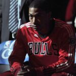Chicago Bulls guard Derrick Rose waits to be introduced before game 1 of the Eastern Conference Quarterfinals against the Indiana Pacers at the United Center on April 16, 2011 in Chicago
