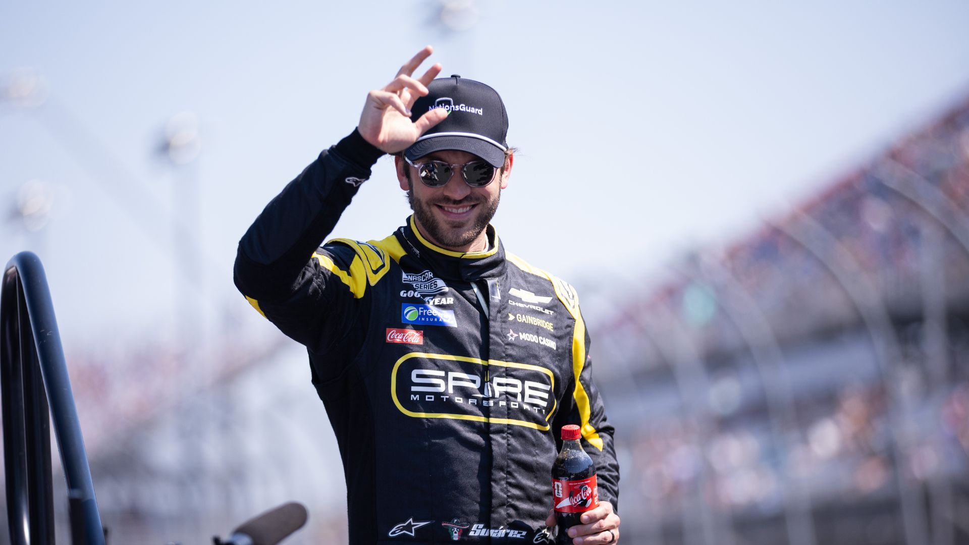 Mar 22, 2026; Darlington, South Carolina, USA; Spire Motorsports Daniel Suarez (7) comes out for the Goodyear 400 at Darlington Raceway
