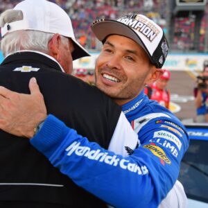 Nov 2, 2025; Avondale, Arizona, USA; NASCAR Cup Series driver Kyle Larson (5) celebrates his championship victory with team owner Rick Hendrick following the Cup Series Championship race at Phoenix Raceway.