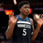 Mar 13, 2026; San Francisco, California, USA; Minnesota Timberwolves guard Anthony Edwards (5) reacts after the Timberwolves were called for a foul against the Golden State Warriors in the fourth quarter at the Chase Center
