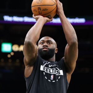 Boston Celtics forward Jaylen Brown (7) warms up before playing against the Philadelphia 76ers at TD Garden.