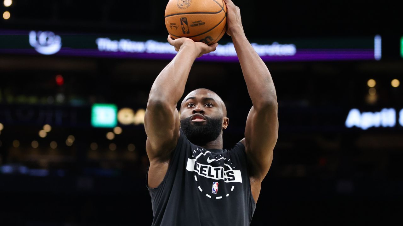 Boston Celtics forward Jaylen Brown (7) warms up before playing against the Philadelphia 76ers at TD Garden.