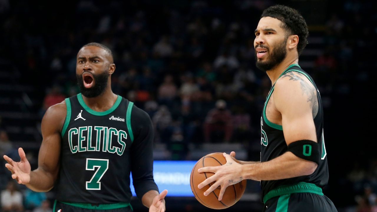 Boston Celtics guard Jaylen Brown (7) and forward Jayson Tatum (0) react during the third quarter against the Memphis Grizzliesat FedExForum