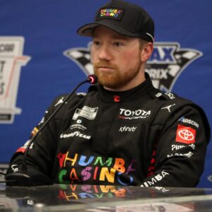 Feb 28, 2026; Austin, Texas, USA; NASCAR Cup Series driver Tyler Reddick (45) after winning the pole for the DuraMAX Texas Grand Prix Powered by RelaDyne at Circuit of the Americas.