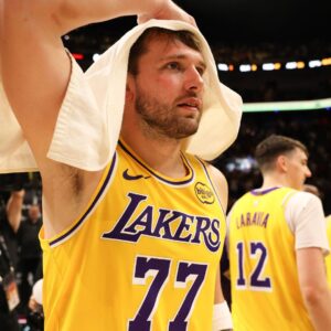 Mar 19, 2026; Miami, Florida, USA; Los Angeles Lakers guard Luka Doncic (77) after 60 point game against the Miami Heat at Kaseya Center.