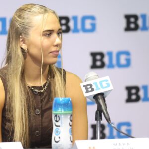 Oct 8, 2025; Rosemont, Illinois, USA; Minnesota’s Mara Braun speaks during Big Ten Women’s Basketball Media Days at the Donald E. Stephens Convention Center.