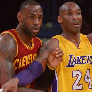 Mar 10, 2016; Los Angeles, CA, USA; Cleveland Cavaliers forward LeBron James (23) and Los Angeles Lakers forward Kobe Bryant (24) battle for position in the first quarter of the game at Staples Center.