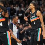 Mar 6, 2026; San Antonio, Texas, USA; San Antonio Spurs forward Victor Wembanyama (1) reacts during the second half against the Los Angeles Clippers at Frost Bank Center