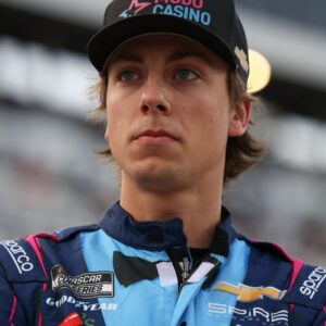 Oct 25, 2025; Martinsville, Virginia, USA; NASCAR Cup Series driver Carson Hocevar (77) before NASCAR Cup Series Xfinity 500 Qualifying at Martinsville Speedway.
