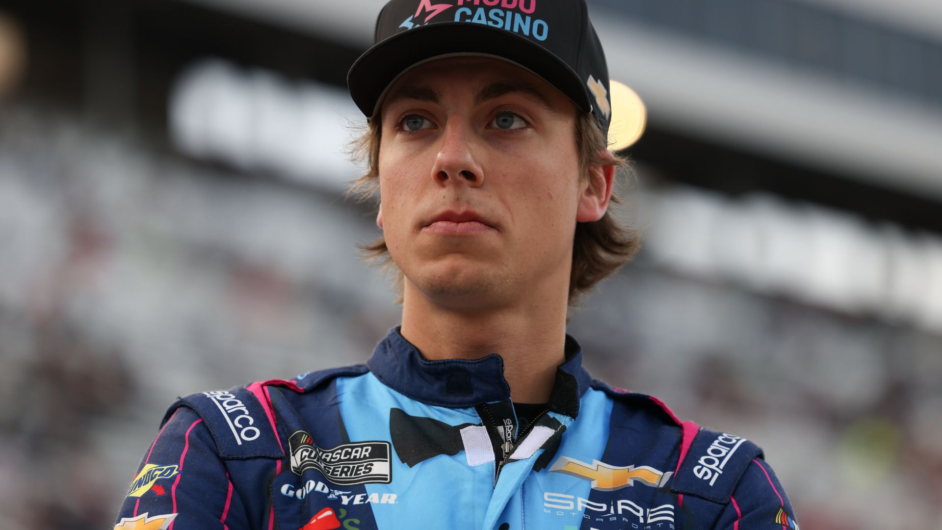 Oct 25, 2025; Martinsville, Virginia, USA; NASCAR Cup Series driver Carson Hocevar (77) before NASCAR Cup Series Xfinity 500 Qualifying at Martinsville Speedway.