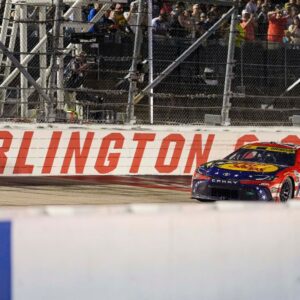 Aug 31, 2025; Darlington, South Carolina, USA; NASCAR Cup Series driver Chase Briscoe (19) wins at the Cookouts Southern 500 at Darlington Raceway.