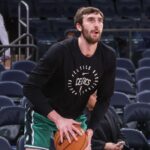 Feb 8, 2025; New York, New York, USA; Boston Celtics center Luke Kornet (40) warms up prior to the game against the New York Knicks at Madison Square Garden.