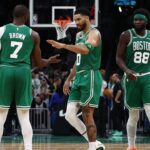 Jaylen Brown, Jayson Tatum and Neemias Queta