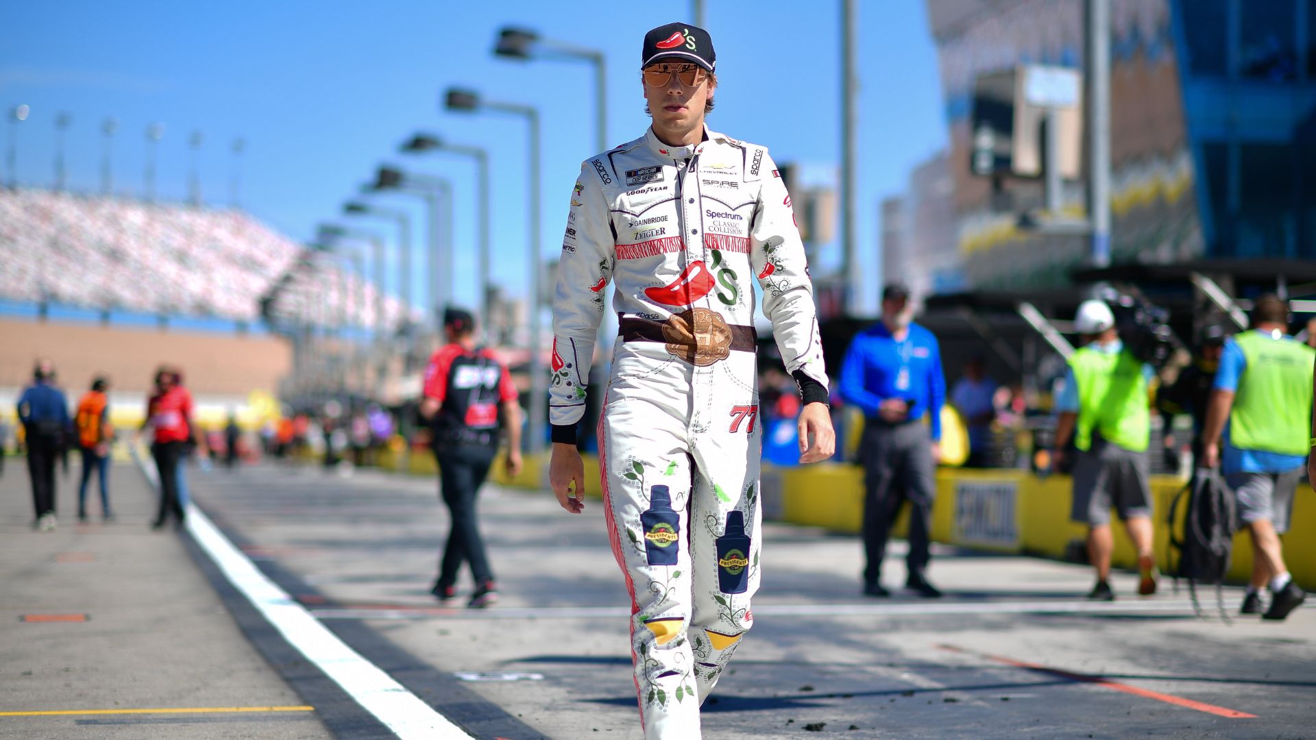 Mar 14, 2026; Las Vegas, Nevada, USA; Spire Motorsports driver Carson Hocevar (77) during qualifying at Las Vegas Motor Speedway