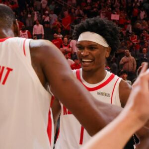 Houston Rockets forward Kevin Durant (7) reacts to a game-winning basket by guard Amen Thompson (1) against the Miami Heat at Toyota Center.