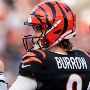 Cincinnati Bengals quarterback Joe Burrow (9) throws a pass in the fourth quarter of the NFL Week 18 game between the Cincinnati Bengals and the Cleveland Browns at Paycor Stadium in Downtown Cincinnati on Sunday, Jan. 4, 2026. The Browns kicked a last second field goal to win 20-18.