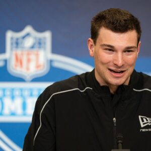 Indiana quarterback Fernando Mendoza (QB11) speaks to members of the media during the NFL Combine at the Indiana Convention Center.