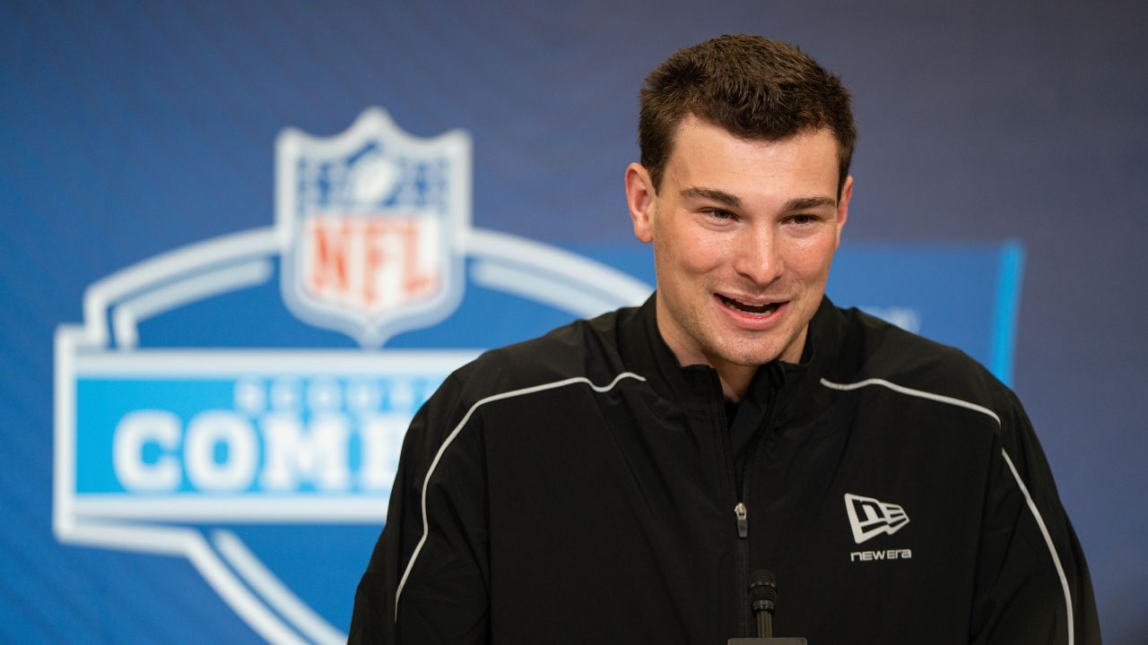 Indiana quarterback Fernando Mendoza (QB11) speaks to members of the media during the NFL Combine at the Indiana Convention Center.