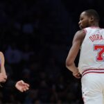 Feb 28, 2026; Miami, Florida, USA; Houston Rockets forward Kevin Durant (7) stares at Miami Heat guard Tyler Herro (14) during the second quarter at Kaseya Center.