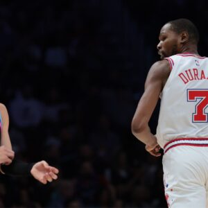 Feb 28, 2026; Miami, Florida, USA; Houston Rockets forward Kevin Durant (7) stares at Miami Heat guard Tyler Herro (14) during the second quarter at Kaseya Center.