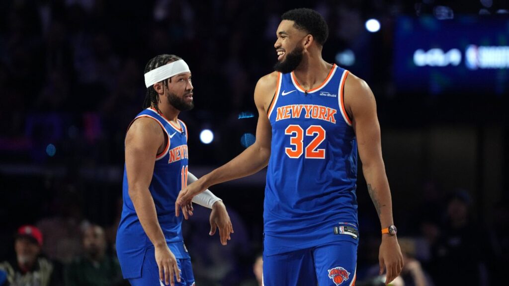 Team Knicks guard Jalen Brunson (11) of the New York Knicks and center Karl-Anthony Towns (32) of the New York Knicks react during the shooting stars competition during the 2026 NBA All Star Saturday Night at Intuit Dome.
