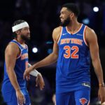 Team Knicks guard Jalen Brunson (11) of the New York Knicks and center Karl-Anthony Towns (32) of the New York Knicks react during the shooting stars competition during the 2026 NBA All Star Saturday Night at Intuit Dome.