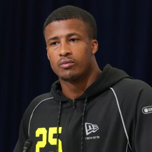 Ohio State linebacker Sonny Styles (LB25) speaks during the NFL Scouting Combine at the Indiana Convention Center.