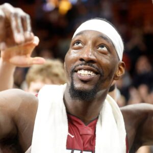 ; Miami Heat center Bam Adebayo (13) reacts after becoming the NBA's second highest scorer of points in a game against the Wshington Wizards at Kaseya Center. Adebayo scored 83 points.