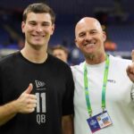 Indiana quarterback Fernando Mendoza (QB11) poses with former Seattle Seahawks quarterback Matt Hasselbeck during the NFL Scouting Combine at Lucas Oil Stadium.